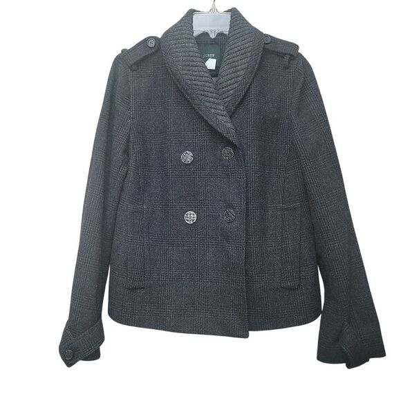 J Crew 6 Plaid Peacoat Wool Blend Shawl Collar Gray Office Fisherman Winter Y2K - Picture 1 of 8